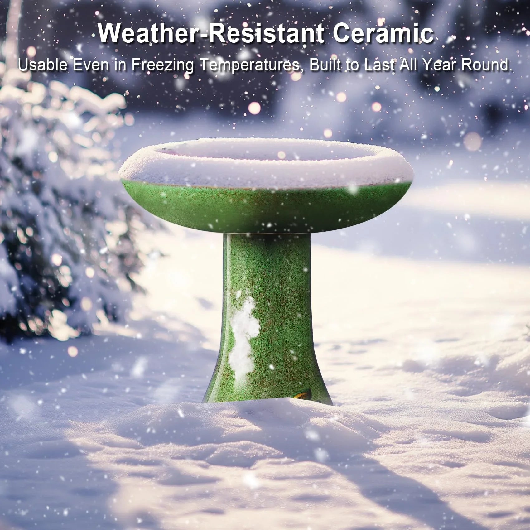 BUYMAX Tall Ceramic Bird Bath for Garden, UV-Resistant, Diamond Blue Grey