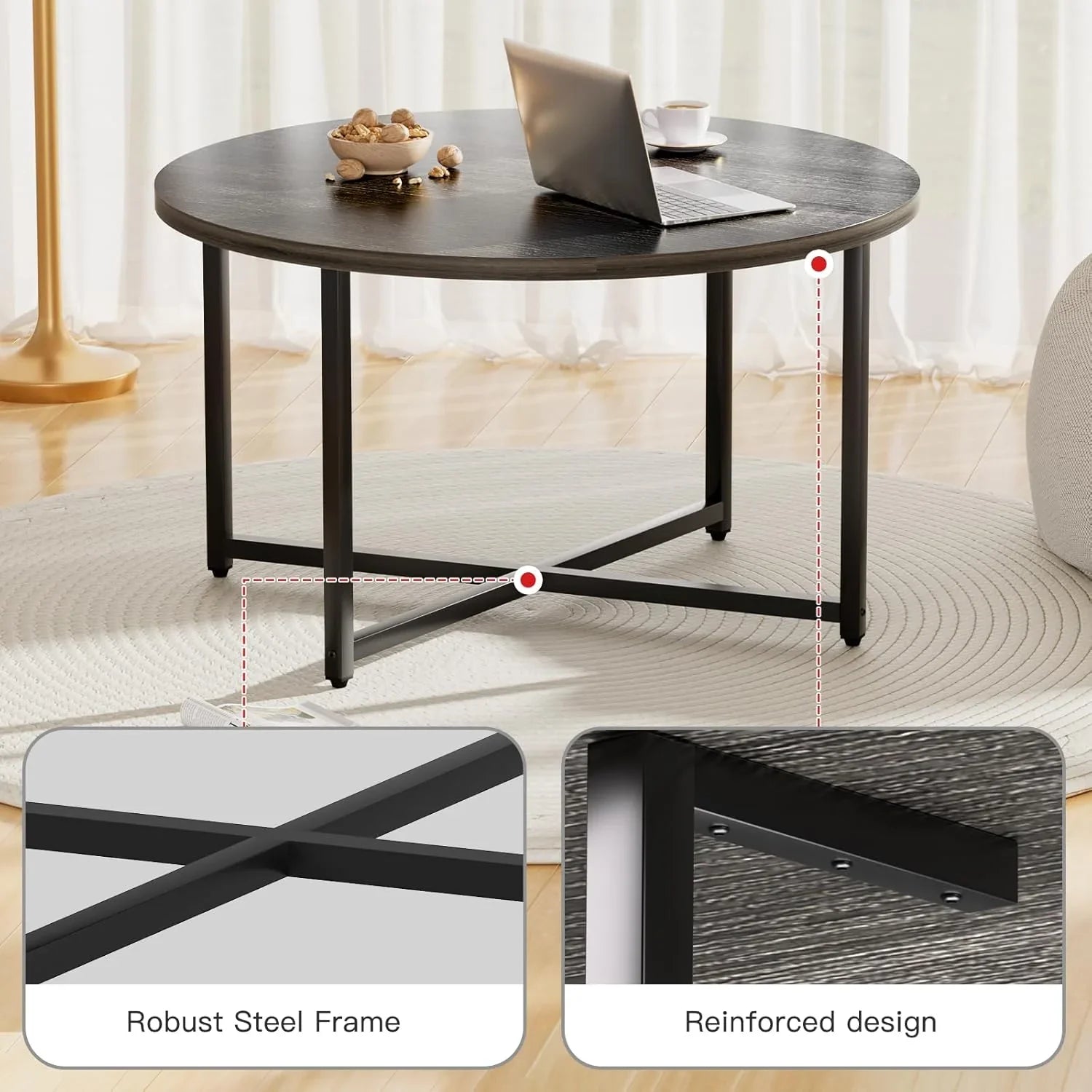 Round Coffee Table, 31.5 Circle Coffee Table��Roma Round Coffee Tables Living Room, Large Coffee Table Round for Indoor & Outdoor Use, Office, Patio or Garden, Large Gray(31.5 D x 17.7 H)