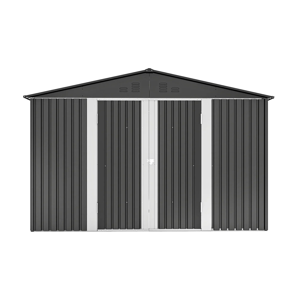 ModFusion 9x4 ft Outdoor Metal Storage Shed with Lockable Double Doors, Acrylic Glass Windows, Steel Roof, Garden Patio Bikes, Skylight, Dark Gray