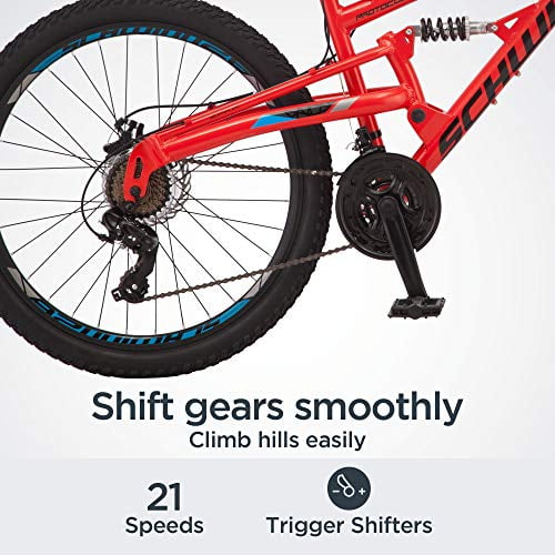 Schwinn Protocol 1.0 Men's and Women's Mountain Bike, 26 In. Wheels, 24-Speed Drivetrain, Lightweight Aluminum Frame, Full Suspension, Red/Blue
