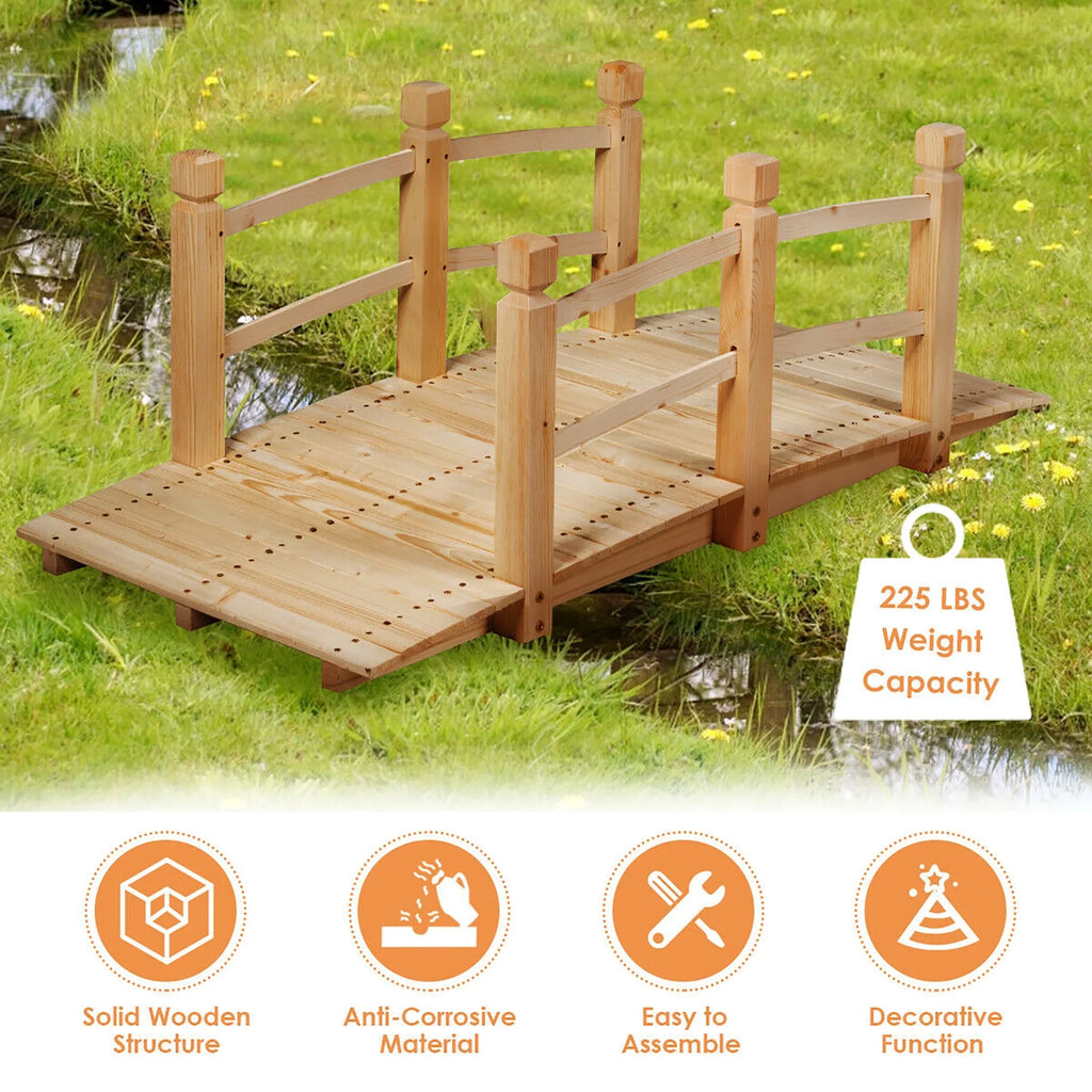 Costway 5' Wooden Garden Bridge Arc Stained Finish Footbridge Backyard Pond Decorative