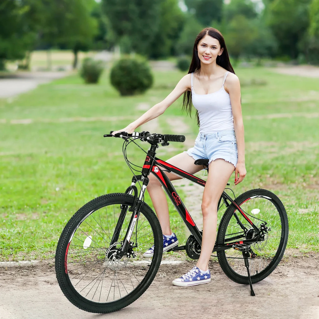 26-Inch Mountain Bike for Adults, 21-Speed Trail Bicycle with Dual Disc Brakes, Front Suspension, High-Carbon Steel Frame �C Red & Black | HUJHKIO Explorer Series