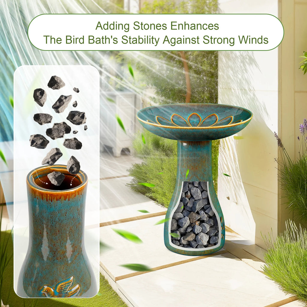 BUYMAX Tall Ceramic Bird Bath for Garden, UV-Resistant, Diamond Blue Grey