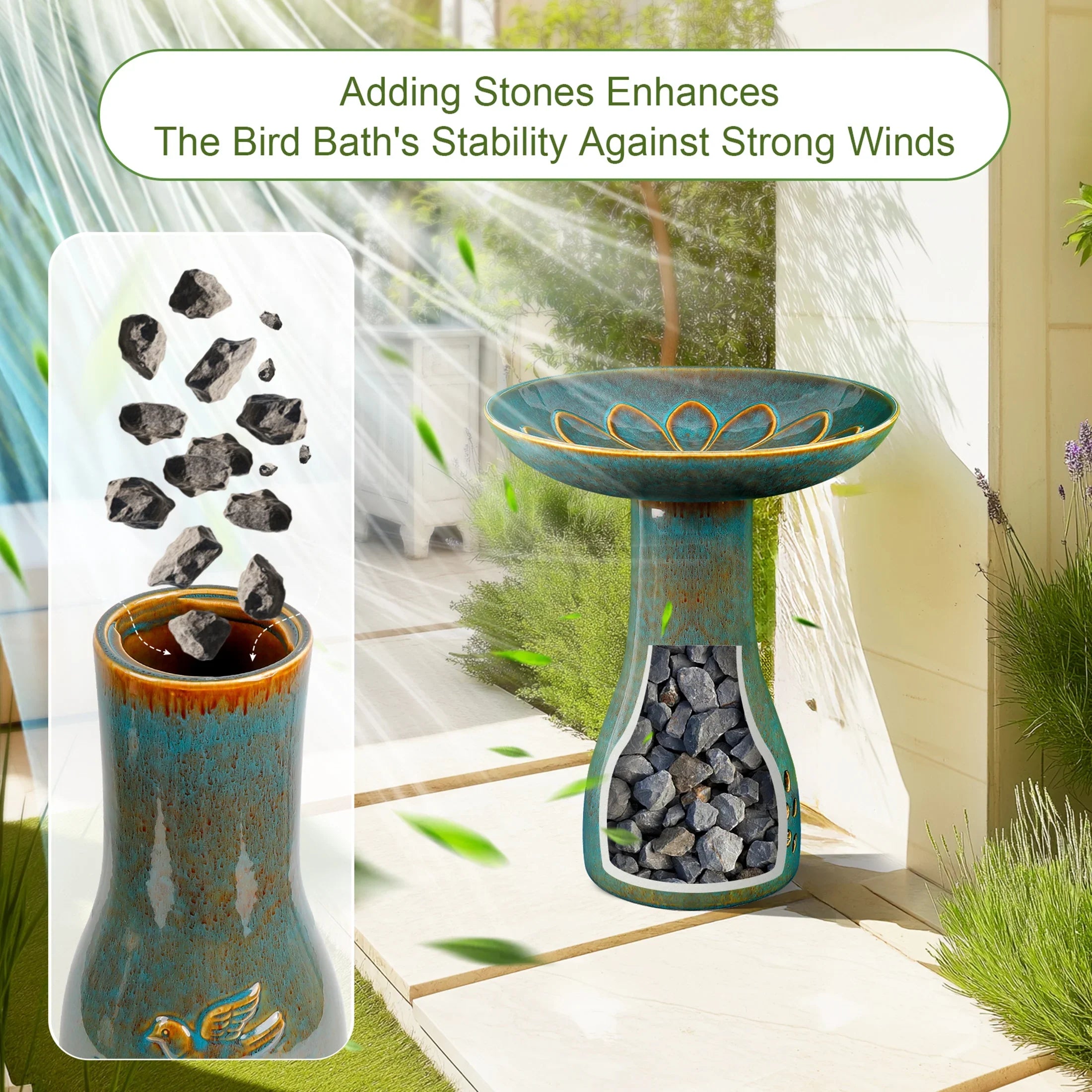 BUYMAX Tall Ceramic Bird Bath for Garden, UV-Resistant, Diamond Blue Grey
