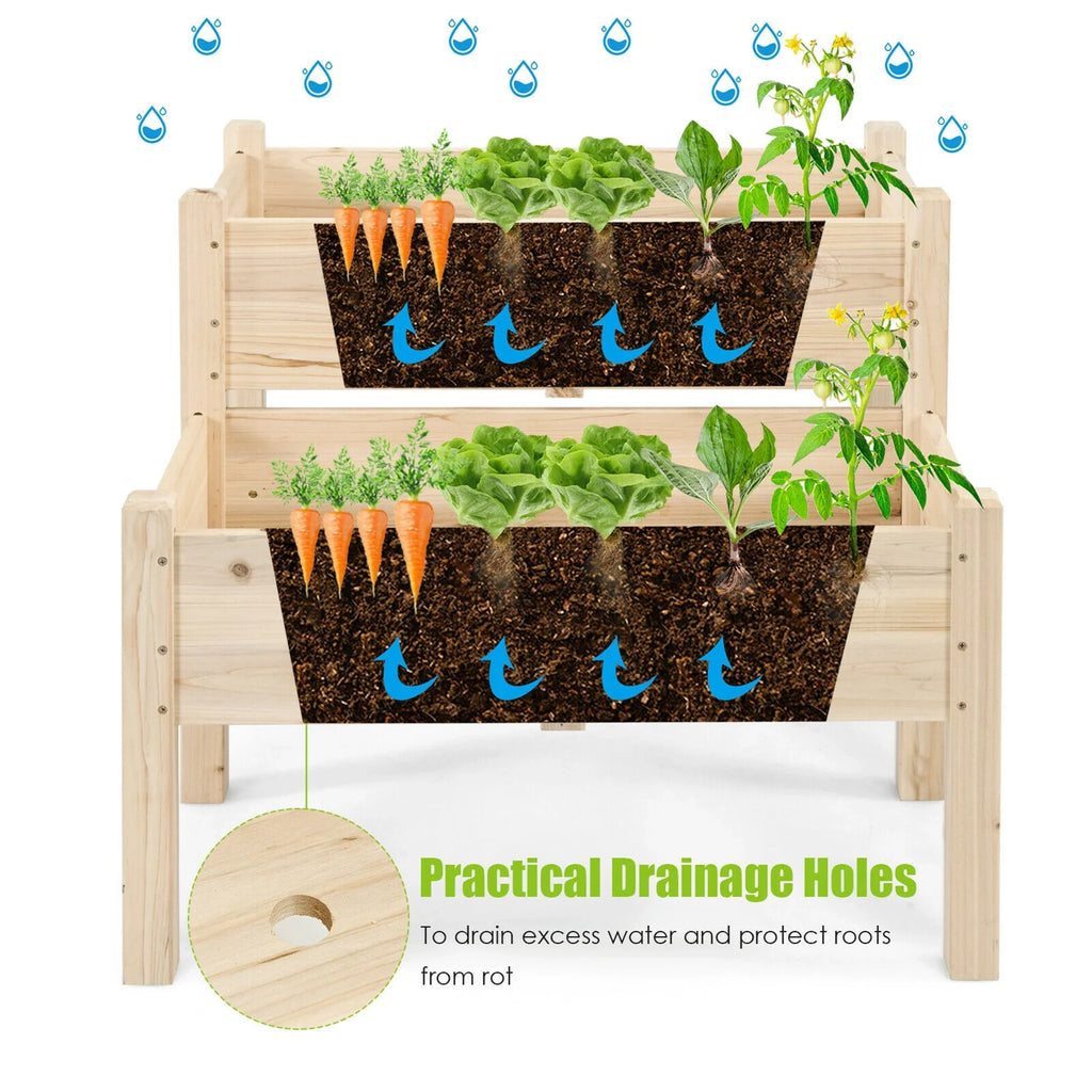 Gymax 2 Tier Wooden Raised Garden Bed Elevated Planter Box w/Legs Drain Holes