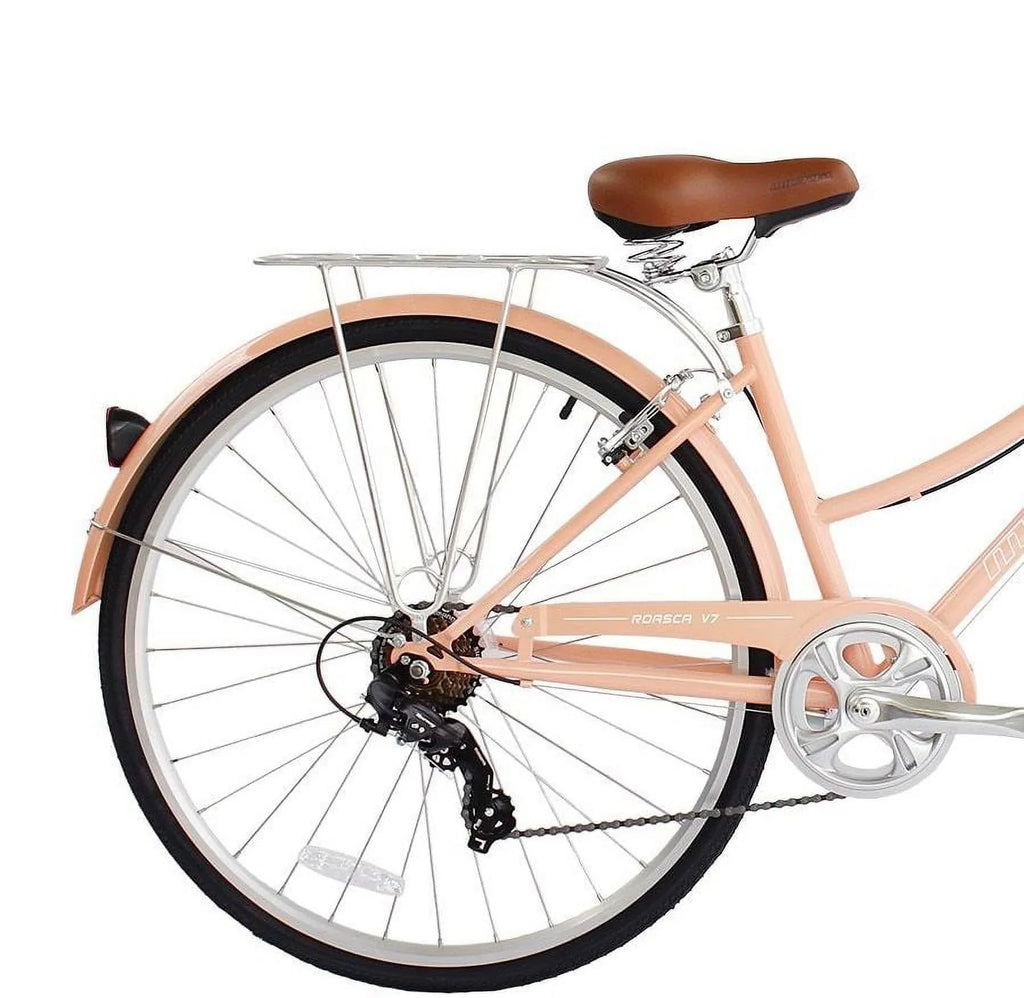 Wonder Wheels City Bike 700C 39 Cm/15.5 Hi-Ten Steel Frame, Shimano Tz21-7 Speed V-Brake, Alloy Rims 700C*14G*32H, Tire:700Cx35 Black. With Back Rack - Peach