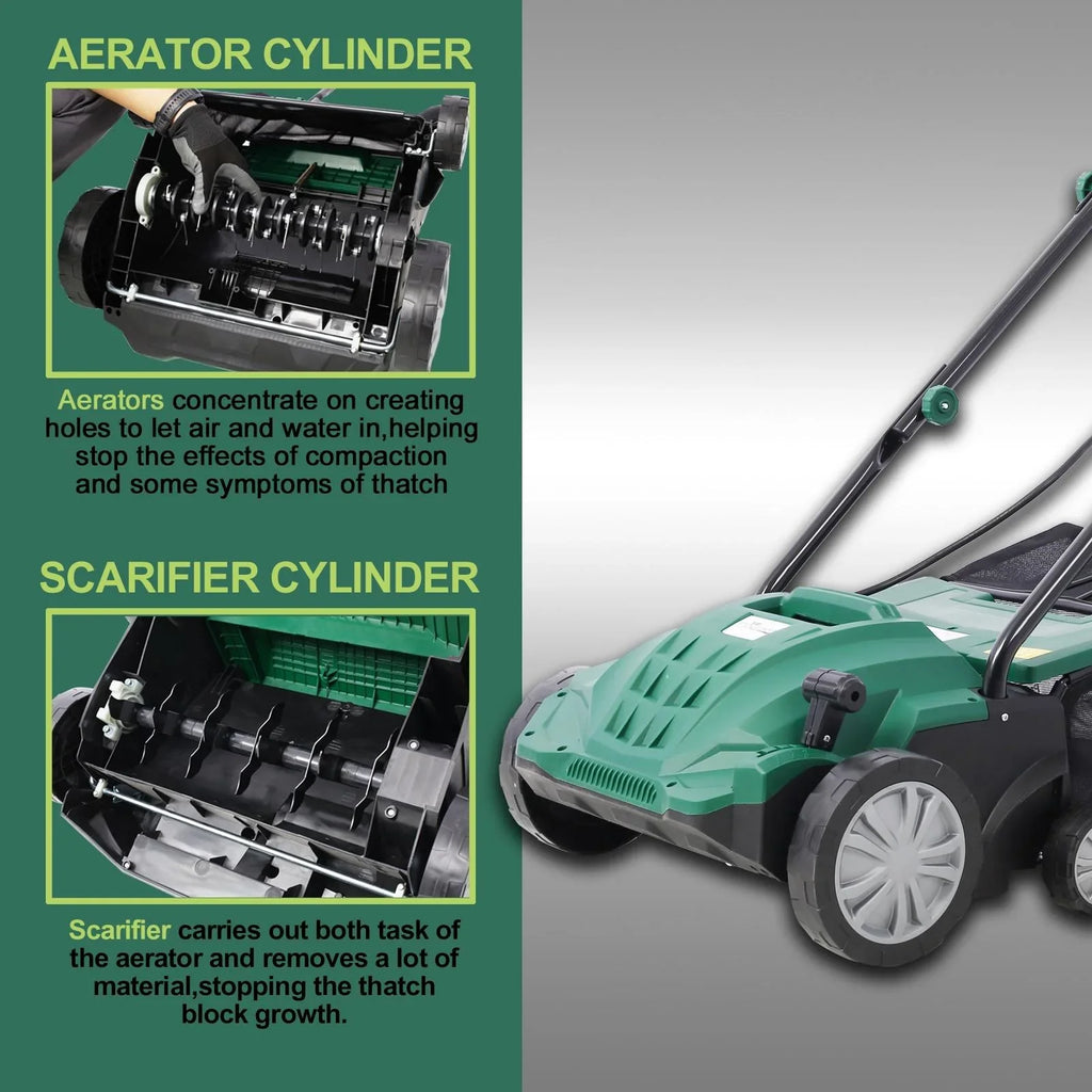 Dethatcher and Scarifier, Seizeen 16-Inch Lawn Dethatcher Scarifier 2-IN-1 Gardening Equipment, Powerful 15 Amp Electric Dethatcher & Scarifier, Height Adjustable, 58QT Removable Thatch Bag