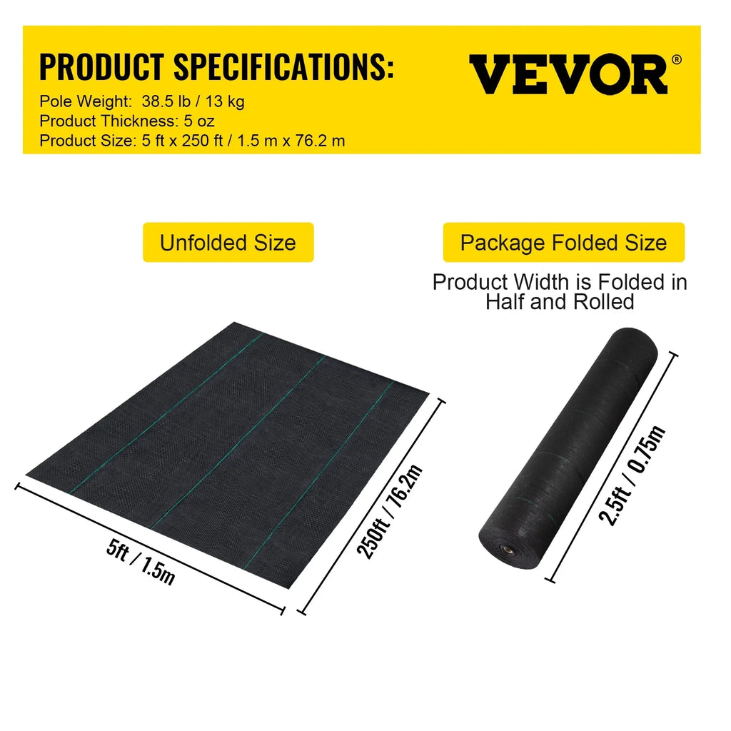 VEVORbrand Weed Barrier Landscape Fabric, 5 x 250 ft Premium Woven Ground Cover 5 oz Heavy Duty PP Material & Easy Setup, Dual-Layer for Outdoor Garden, Lawn, Driveway, Black