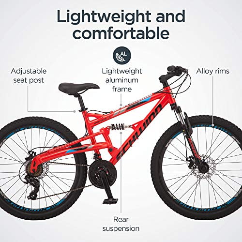 Schwinn Protocol 1.0 Men's and Women's Mountain Bike, 26 In. Wheels, 24-Speed Drivetrain, Lightweight Aluminum Frame, Full Suspension, Red/Blue