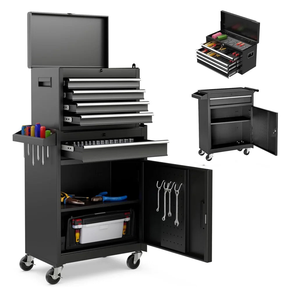 Heavy-Duty Metal Tool Storage Cabinet 5-Drawer Rolling with Detachable Top Box, Lockable Wheels & Adjustable Shelves, Secure Locking Mechanism, Space-Saving Design for Garage Workshop & Home Use