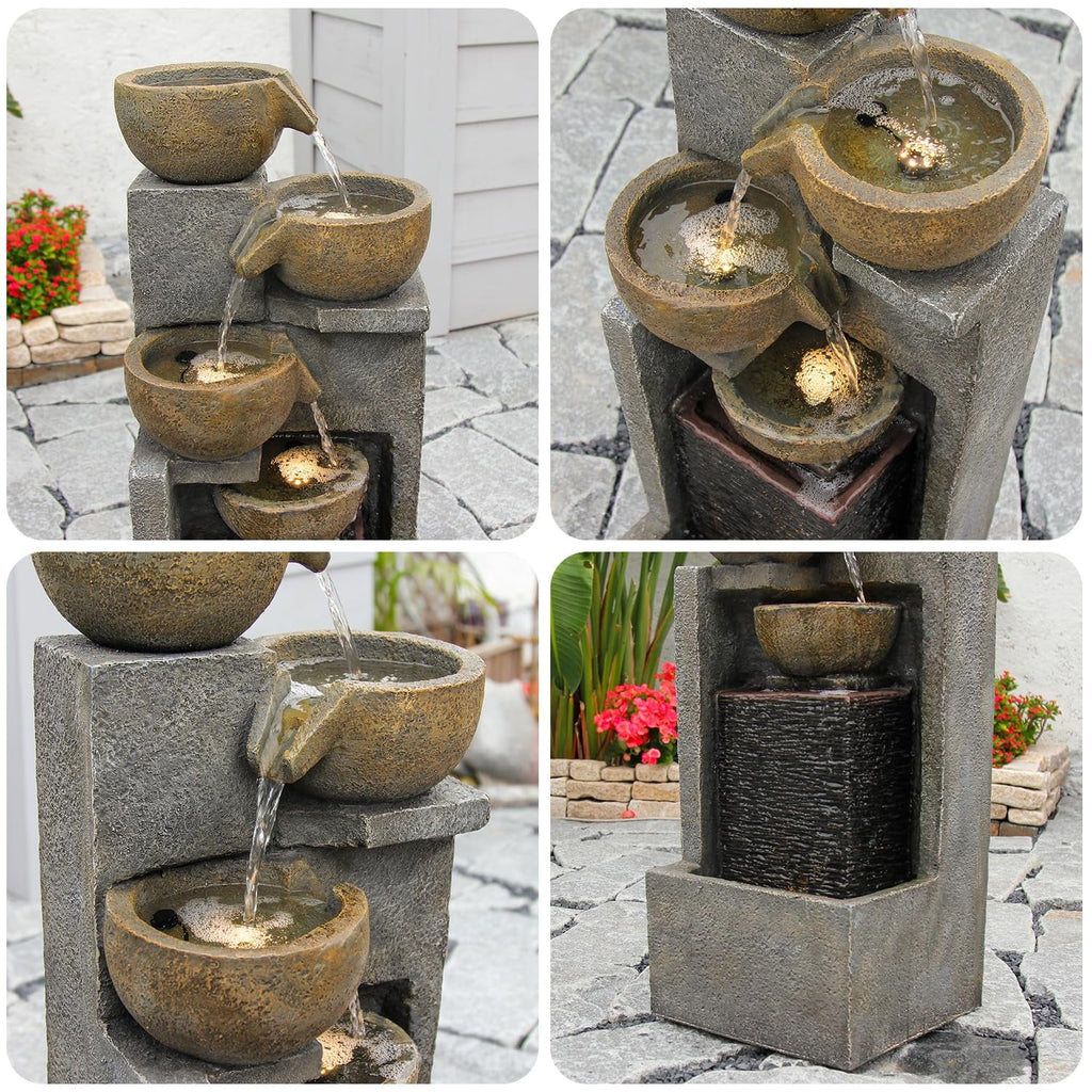 5-Tier Water Fountain Outdoor Garden Waterfall Fountains Indoor Bowl Cascading Water Feature with Led Lights for Home Deck Patio Porch Yard Decor 37.4 H