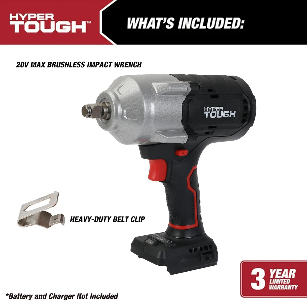 Hyper Tough 20V Max Brushless 1/2-inch High-Torque Cordless Impact Wrench with 4.0Ah Lithium-Ion Battery and Charger