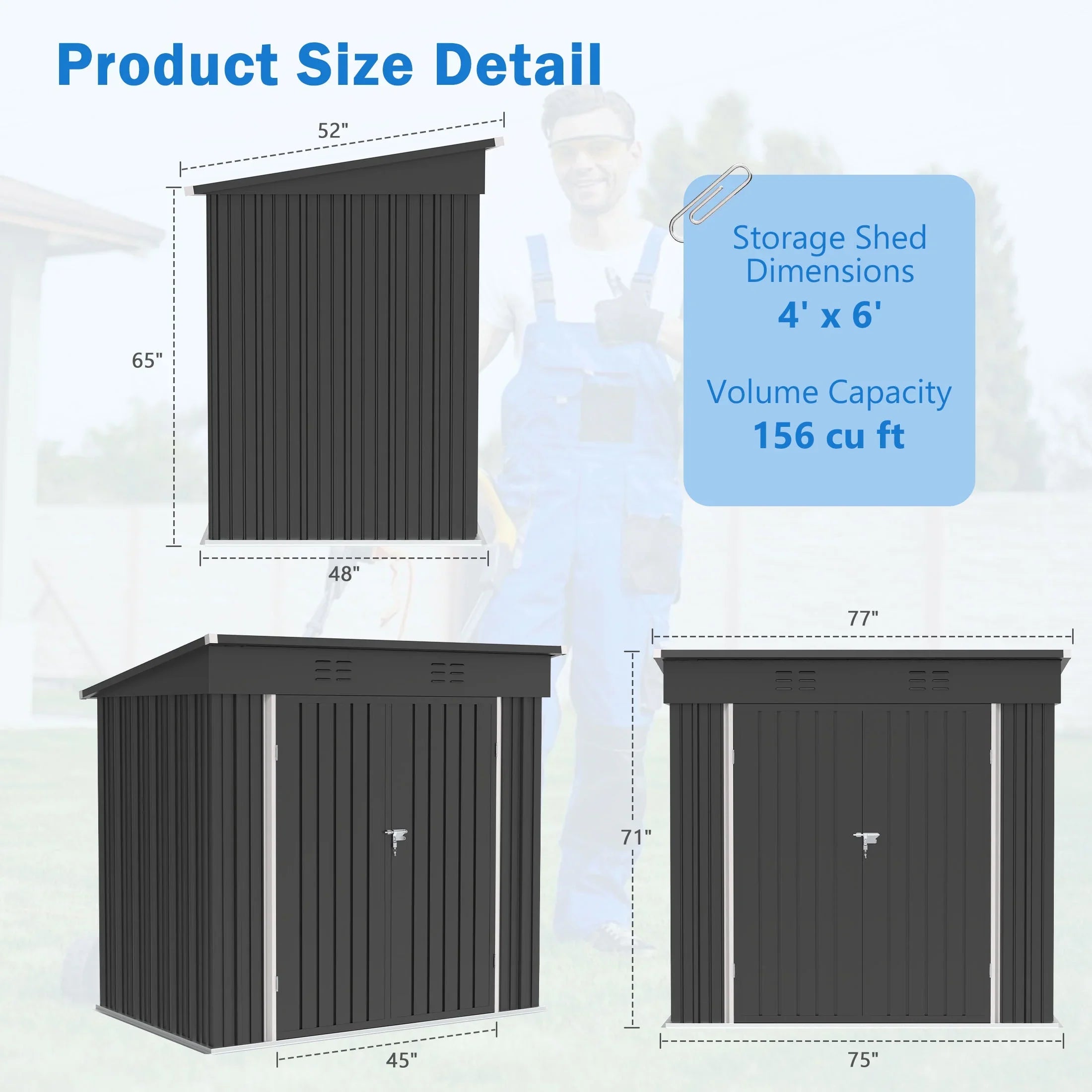 Sesslife 6x4 ft Outdoor Metal Steel Storage Shed with Sliding Roof & Lockable Door for Backyard, Garden, Gray