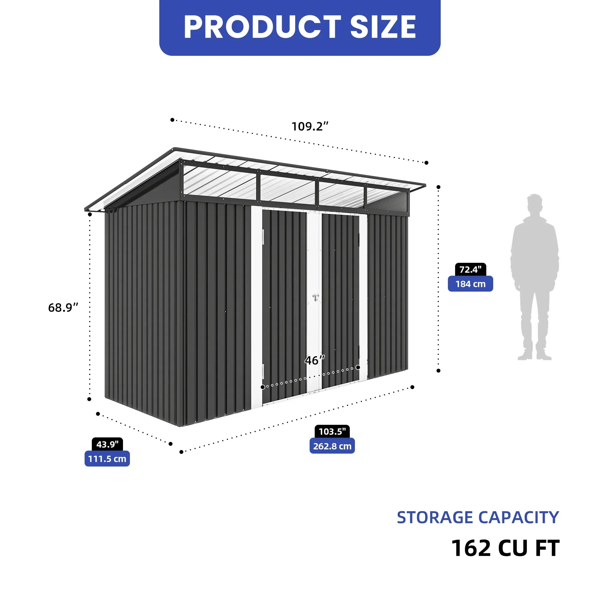ModFusion 9x4 ft Outdoor Metal Storage Shed with Lockable Double Doors, Acrylic Glass Windows, Steel Roof, Garden Patio Bikes, Skylight, Dark Gray