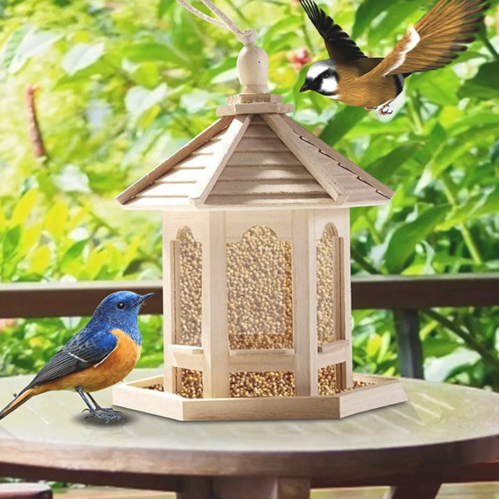 Archer Bird Feeder High Capacity Hexagon Shaped Roof Wood Creative Bird Nest for Garden