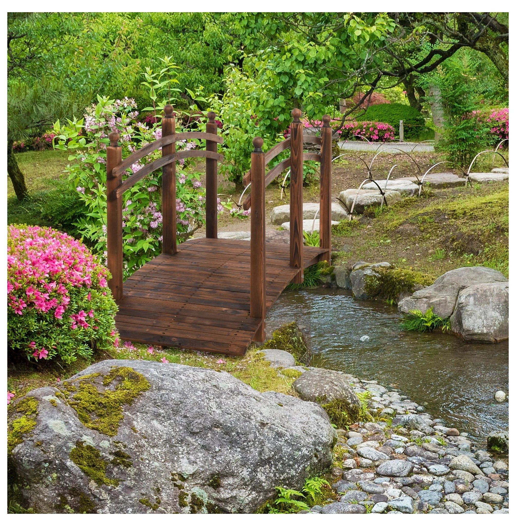 Fir Wood Garden Bridge 7.5ft - Arched Outdoor Footbridge with Railings