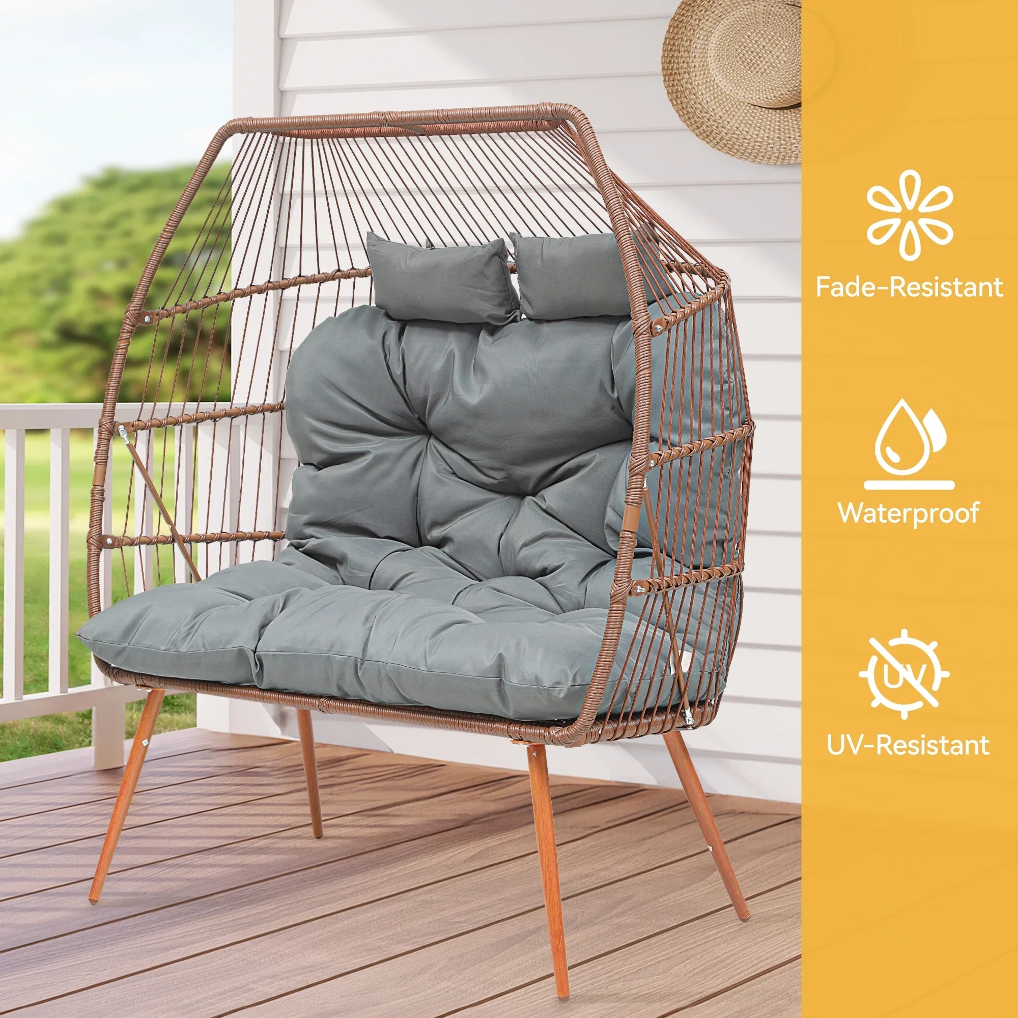 Uforic Beige Dual Egg Seat with Base, 2-Person Wicker Egg Chair for Indoor/Outdoor Patio Use with Cushions, Supports up to 510lbs, Perfect for Patio, Bedroom, Garden, and Balcony