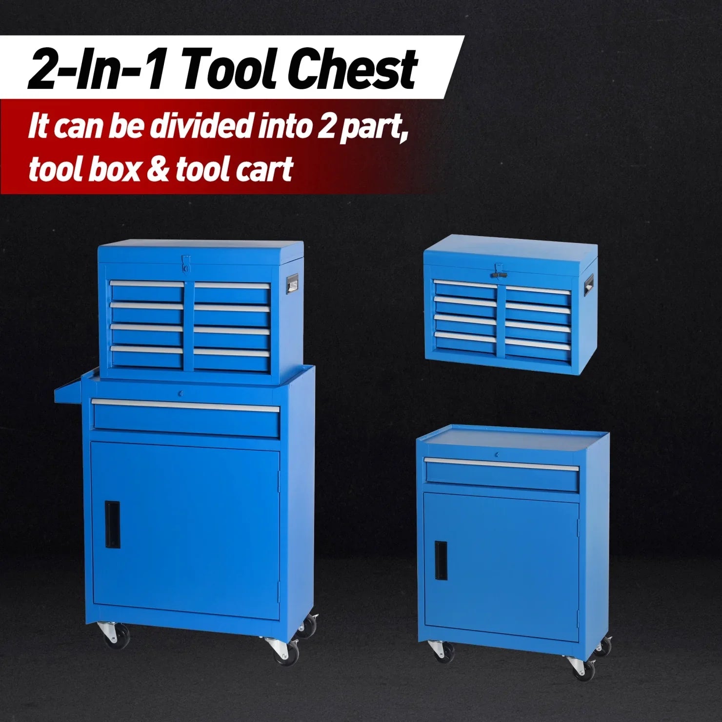 Heavy-Duty Metal Tool Storage Cabinet 5-Drawer Rolling with Detachable Top Box, Lockable Wheels & Adjustable Shelves, Secure Locking Mechanism, Space-Saving Design for Garage Workshop & Home Use