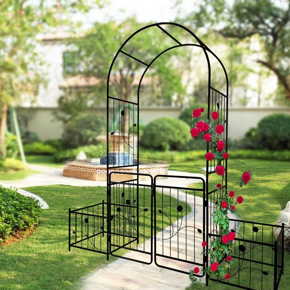 IVV 7.2ft Garden Arbor Arch with Gate and Side Planter Box, Wedding Arch Archway for Ceremony Party, Trellis for Plant Climbing, Christmas Decorations Pergola for Backyard, Lawn, Patio, Yard (Black)