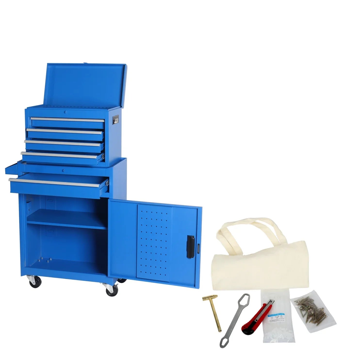 Heavy-Duty Metal Tool Storage Cabinet 5-Drawer Rolling with Detachable Top Box, Lockable Wheels & Adjustable Shelves, Secure Locking Mechanism, Space-Saving Design for Garage Workshop & Home Use