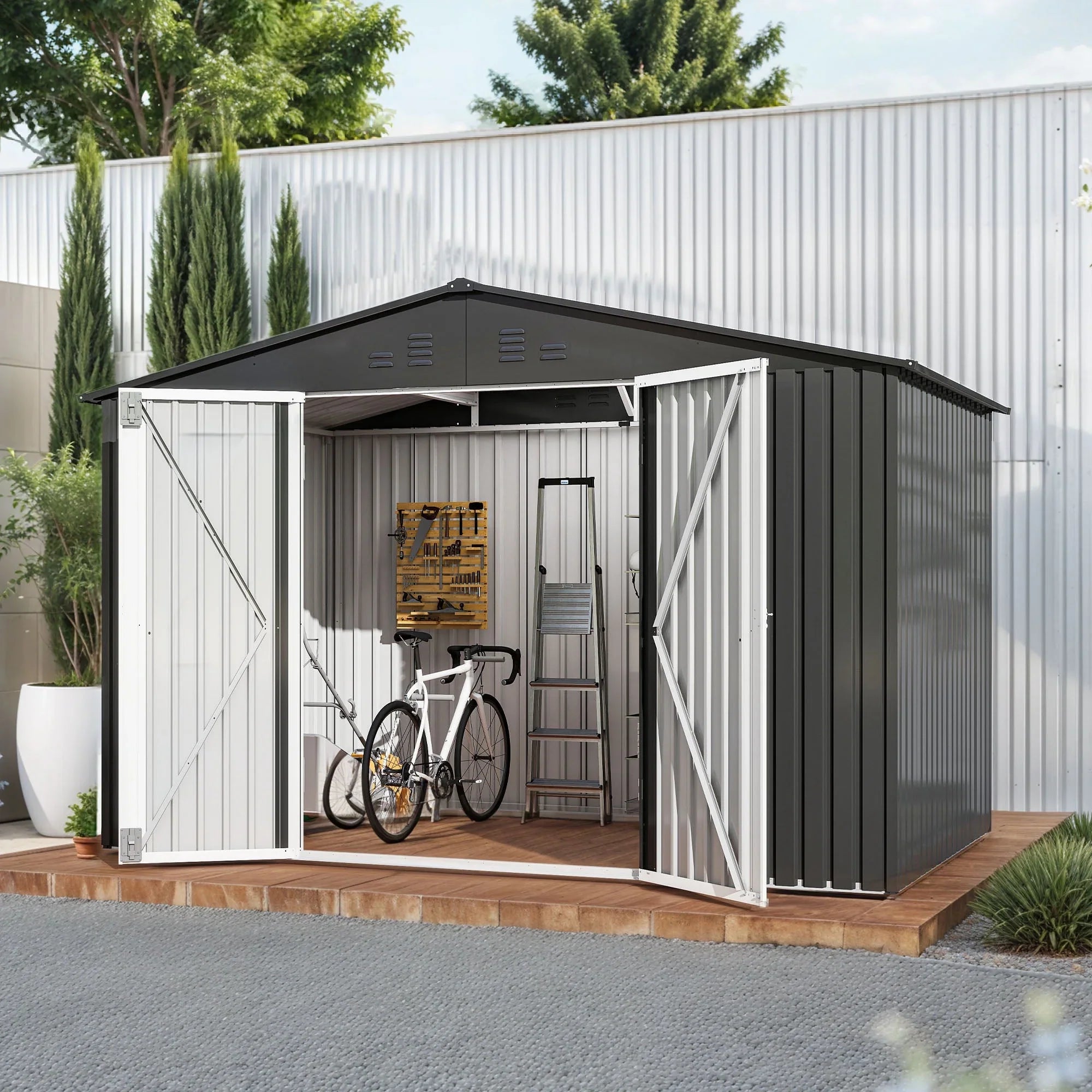 ModFusion 9x4 ft Outdoor Metal Storage Shed with Lockable Double Doors, Acrylic Glass Windows, Steel Roof, Garden Patio Bikes, Skylight, Dark Gray