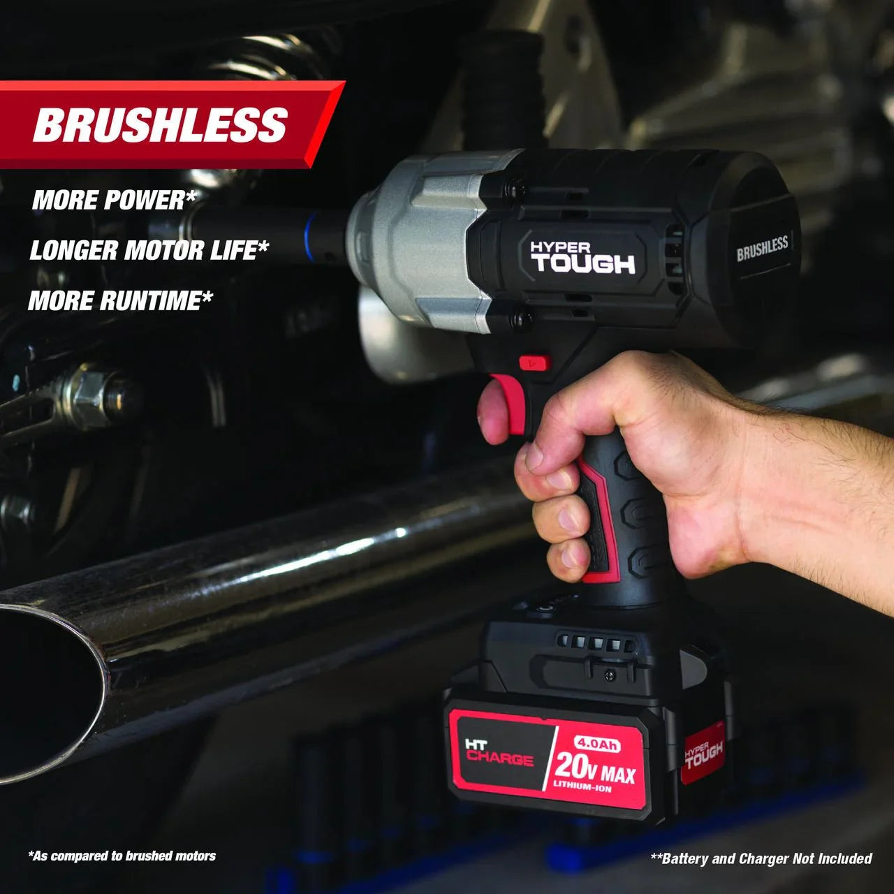 Hyper Tough 20V Max Brushless 1/2-inch High-Torque Cordless Impact Wrench with 4.0Ah Lithium-Ion Battery and Charger