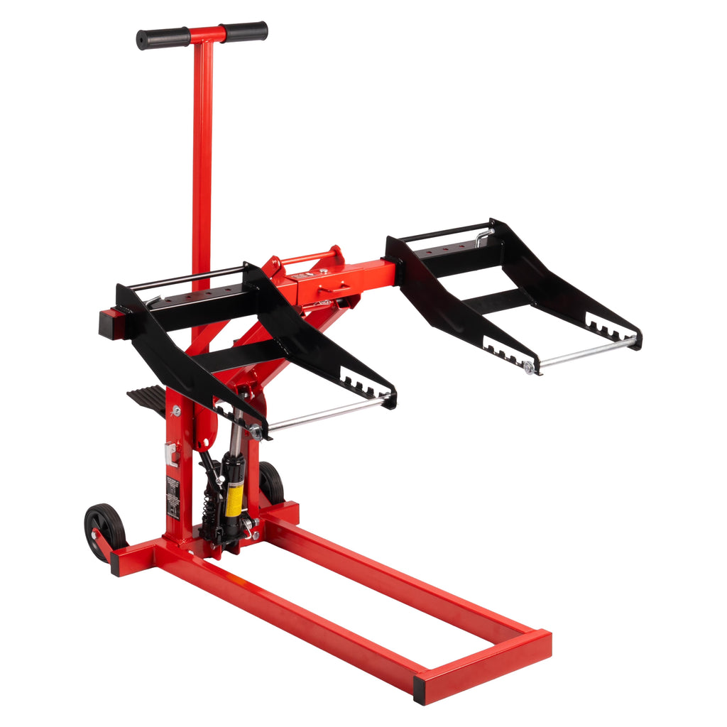 300lb Capacity, Adjustable Riding Lift Jack Heavy Duty Construction with Safety Lock, Non-Slip Wheels&Handle for Tractors, Atvs and Zero Turn Lawn Mowers