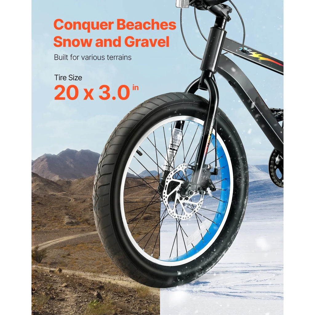 KFFKFF 20-Inch Mountain Bike, 7-Speed Twist Shifting, Comfortable Saddle, Dual Disc Brakes, Durable Steel Frame, Fat Tire Bicycle for Trail and Snow