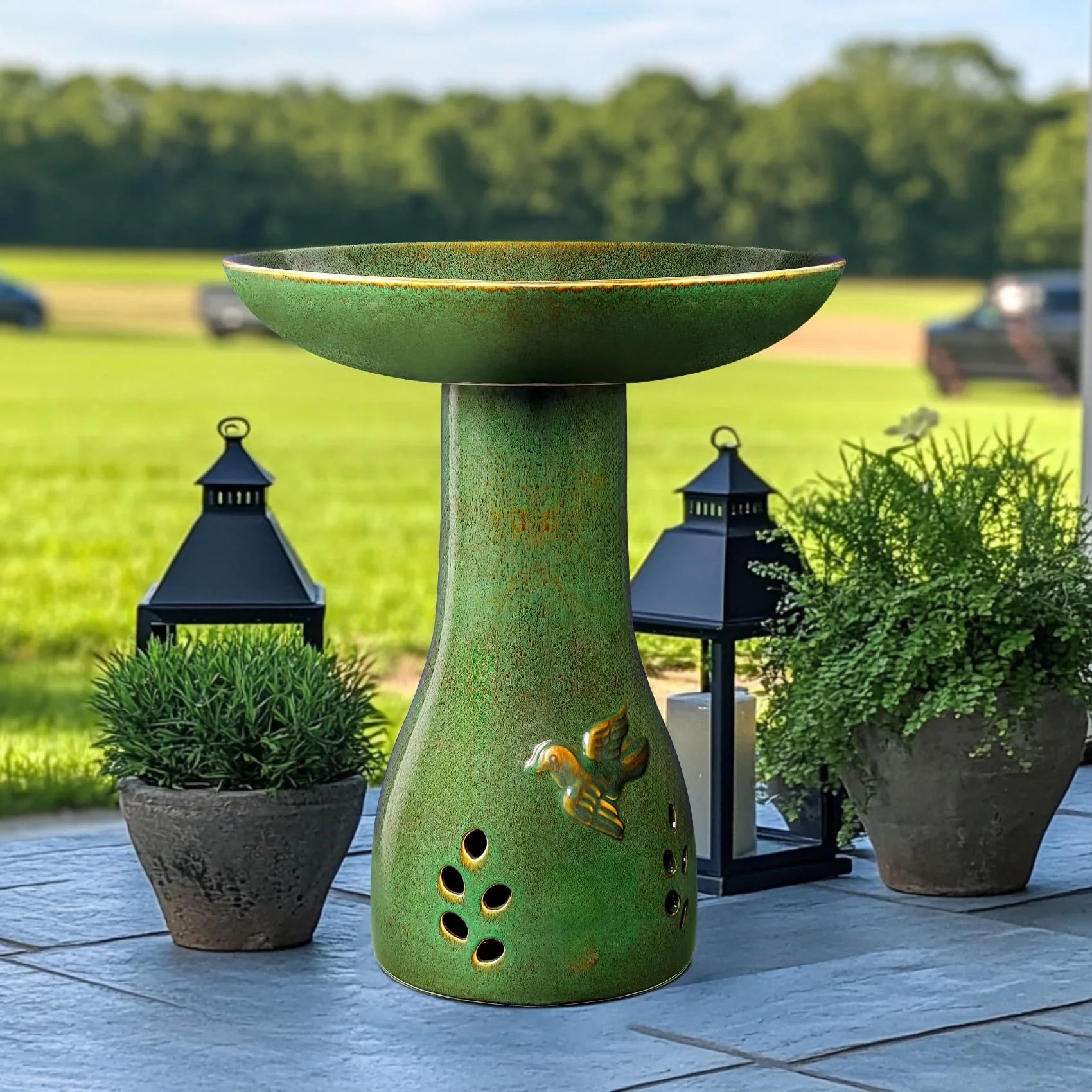BUYMAX Tall Ceramic Bird Bath for Garden, UV-Resistant, Diamond Blue Grey