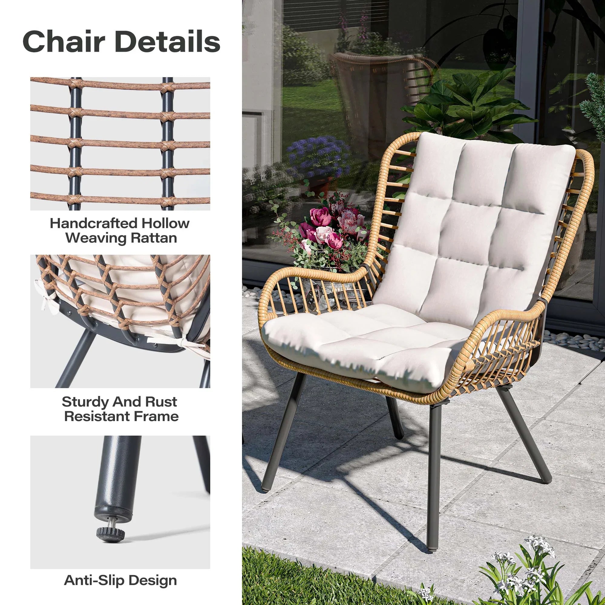 LAUSAINT HOME 3-Piece Patio Furniture Set, High Back Outdoor Bistro with Coffee Table & Beige Cushions for Garden or Deck