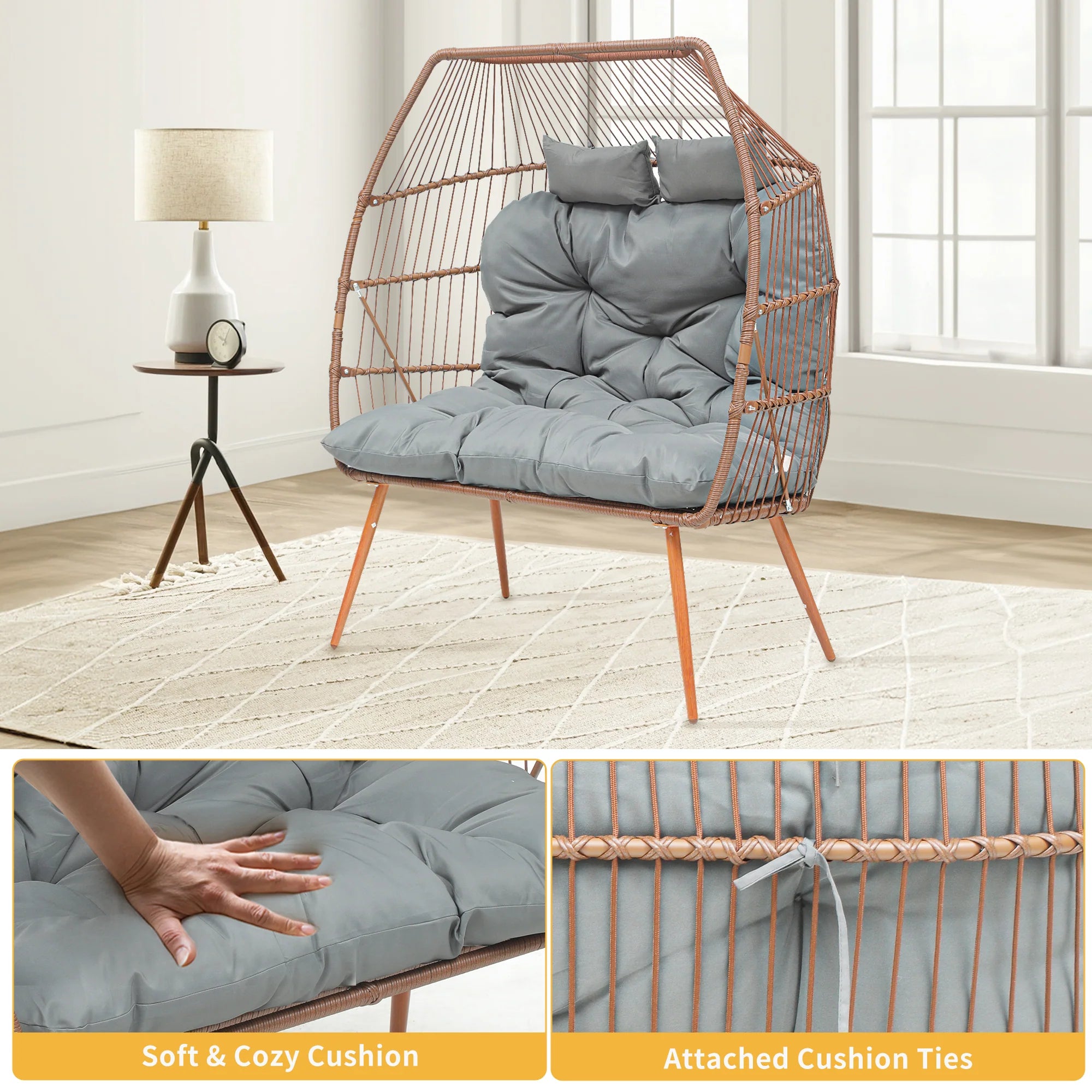 Uforic Beige Dual Egg Seat with Base, 2-Person Wicker Egg Chair for Indoor/Outdoor Patio Use with Cushions, Supports up to 510lbs, Perfect for Patio, Bedroom, Garden, and Balcony