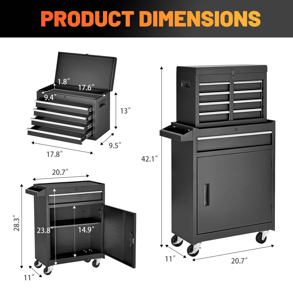 Heavy-Duty Metal Tool Storage Cabinet 5-Drawer Rolling with Detachable Top Box, Lockable Wheels & Adjustable Shelves, Secure Locking Mechanism, Space-Saving Design for Garage Workshop & Home Use