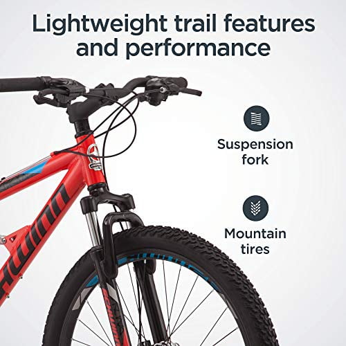 Schwinn Protocol 1.0 Men's and Women's Mountain Bike, 26 In. Wheels, 24-Speed Drivetrain, Lightweight Aluminum Frame, Full Suspension, Red/Blue