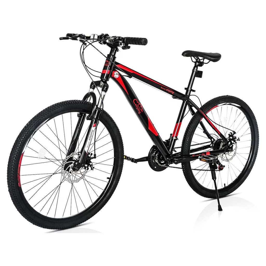 26-Inch Mountain Bike for Adults, 21-Speed Trail Bicycle with Dual Disc Brakes, Front Suspension, High-Carbon Steel Frame �C Red & Black | HUJHKIO Explorer Series